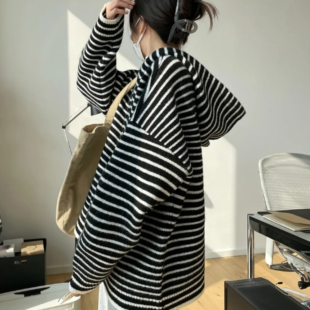 Women Hoodies Retro All-match Classical Striped Zipper Long Sleeve Spring Autumn Korean Style Knitted Loose Outwear Comfortable