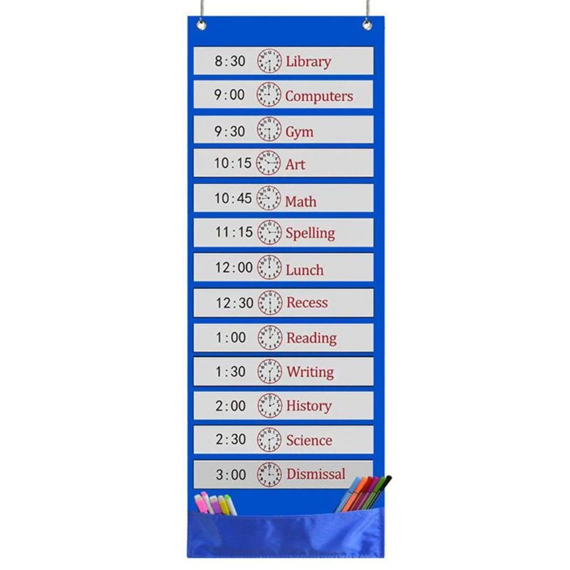 Children Cloth Daily Schedule Pocket Chart 26 Double-Sided Reusable Dry-Eraser Cards For Office Home School Classroom