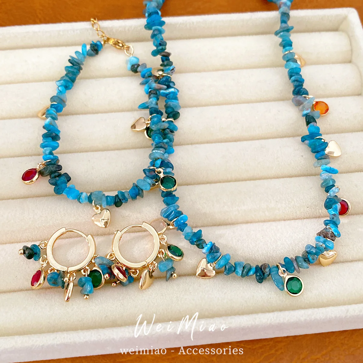 Raw Unpolished Stone Chips Choker Set Heart Pendant Necklace Bracelet Earrings Boho Layering Summer Jewelry