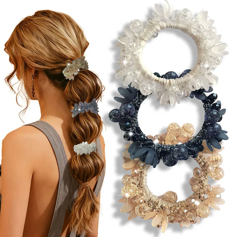 Multicolored Pearl Crystal Beads Scrunchies for Women Elastic Hair Tie Ponytail and Bun Hair Accessories Double Use as Bracelet