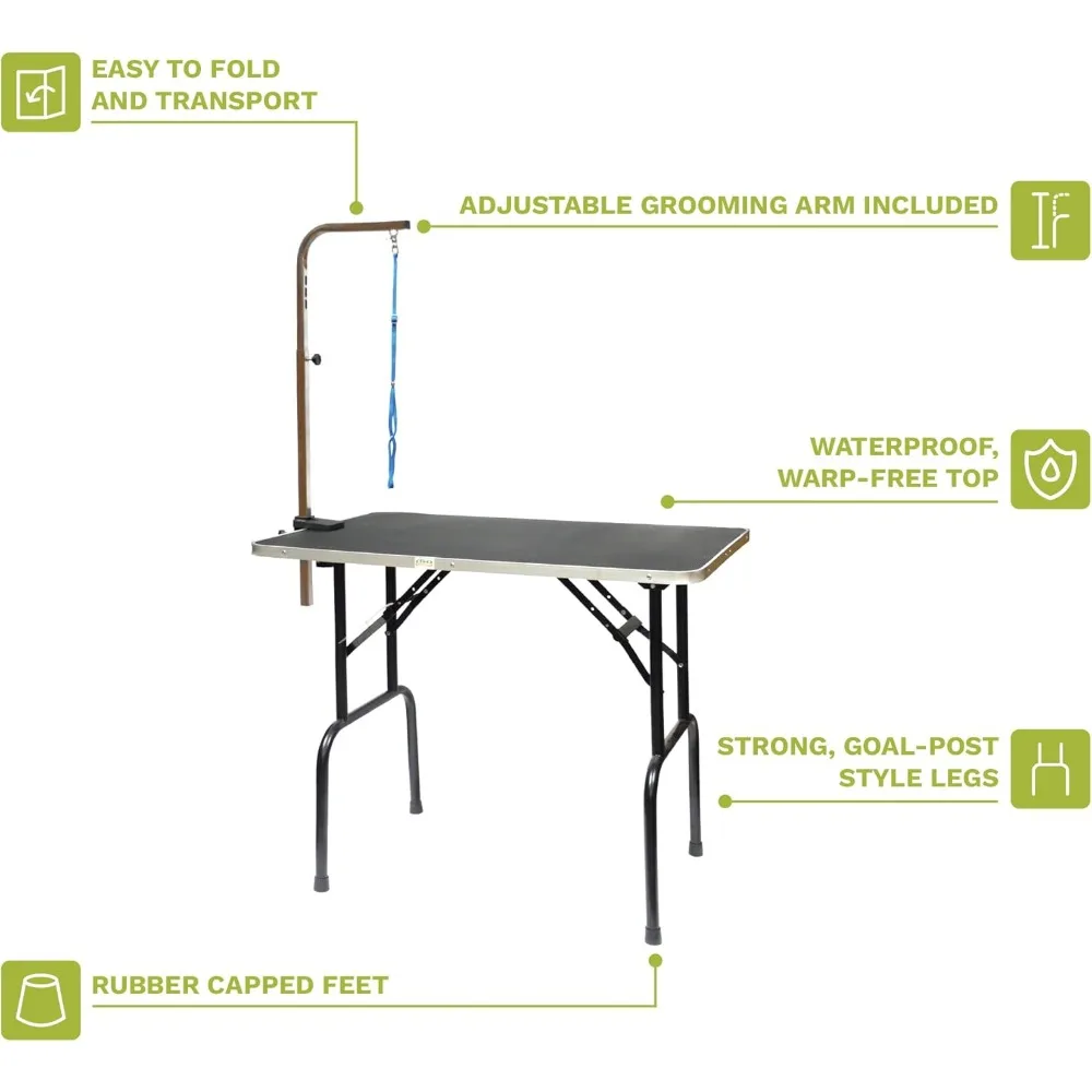 Mesa dobrável Dog Grooming, braço ajustável, top antiderrapante, à prova de ferrugem, impermeável, mesa de corte sem urdidura, 48"