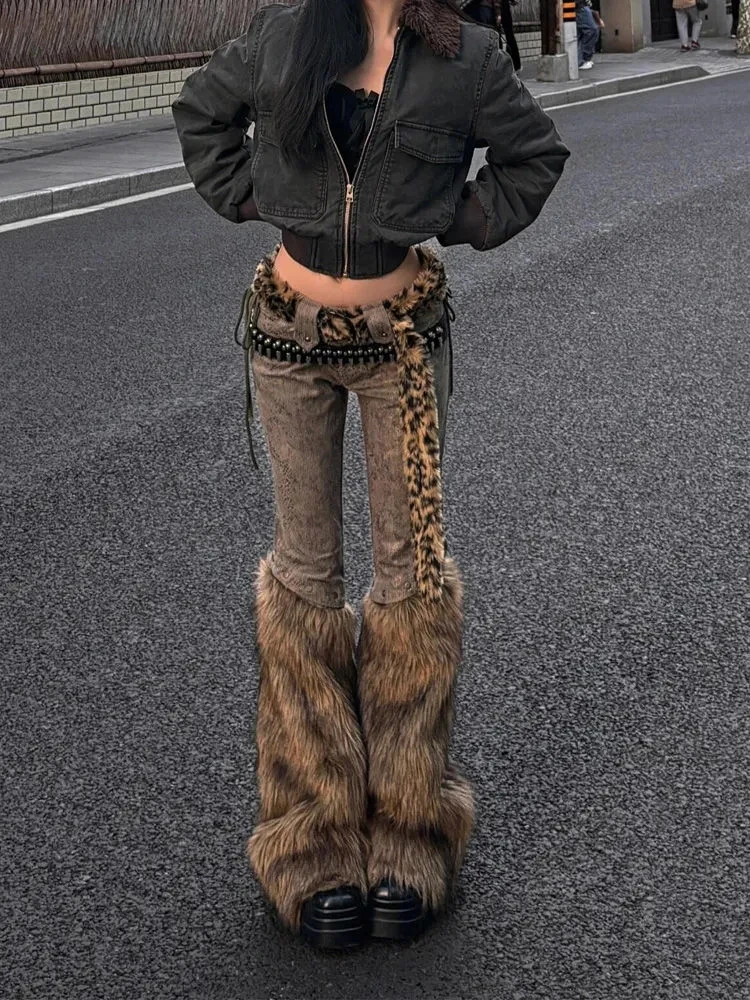Women Faux Fur Patchwork Y2k Jeans Harajuku Oversize Denim Trousers Vintage Japanese 2000s Style Baggy Jean Pants Trashy Clothes