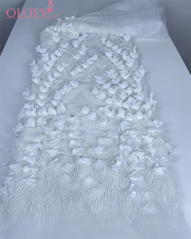 

OLOEY 3D Flower Lace Fabric With Pearls High Quality French Embroidery Tulle African Fabric For Wedding Party Dress Sewing