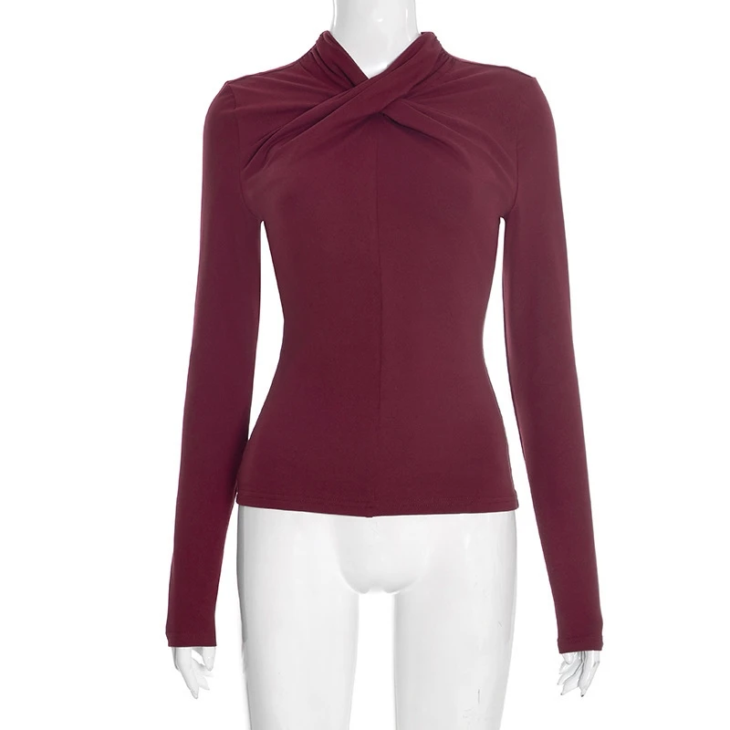 女性用秋物無地クロスオーバーネック長袖スリムフィットプルオーバートップカジュアルレイヤードコーデデートナイト心地良い秋のギフトティーン向け