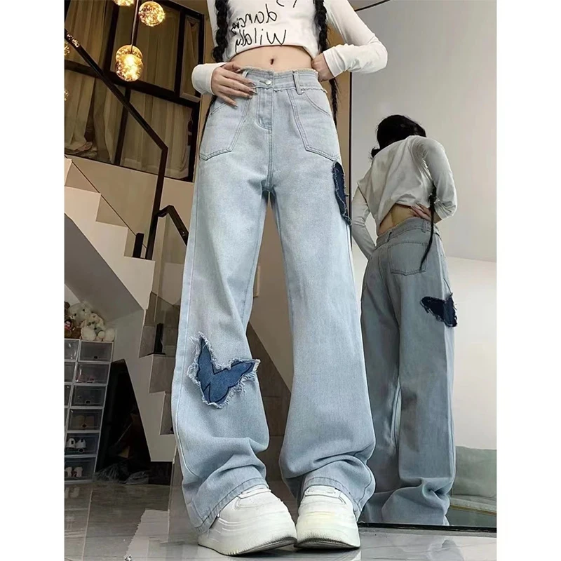 

Butterfly Patchwork Light Blue Baggy Jeans Women's Vintage Street Style Casual Wide Leg Pant Female Straight Denim Trousers