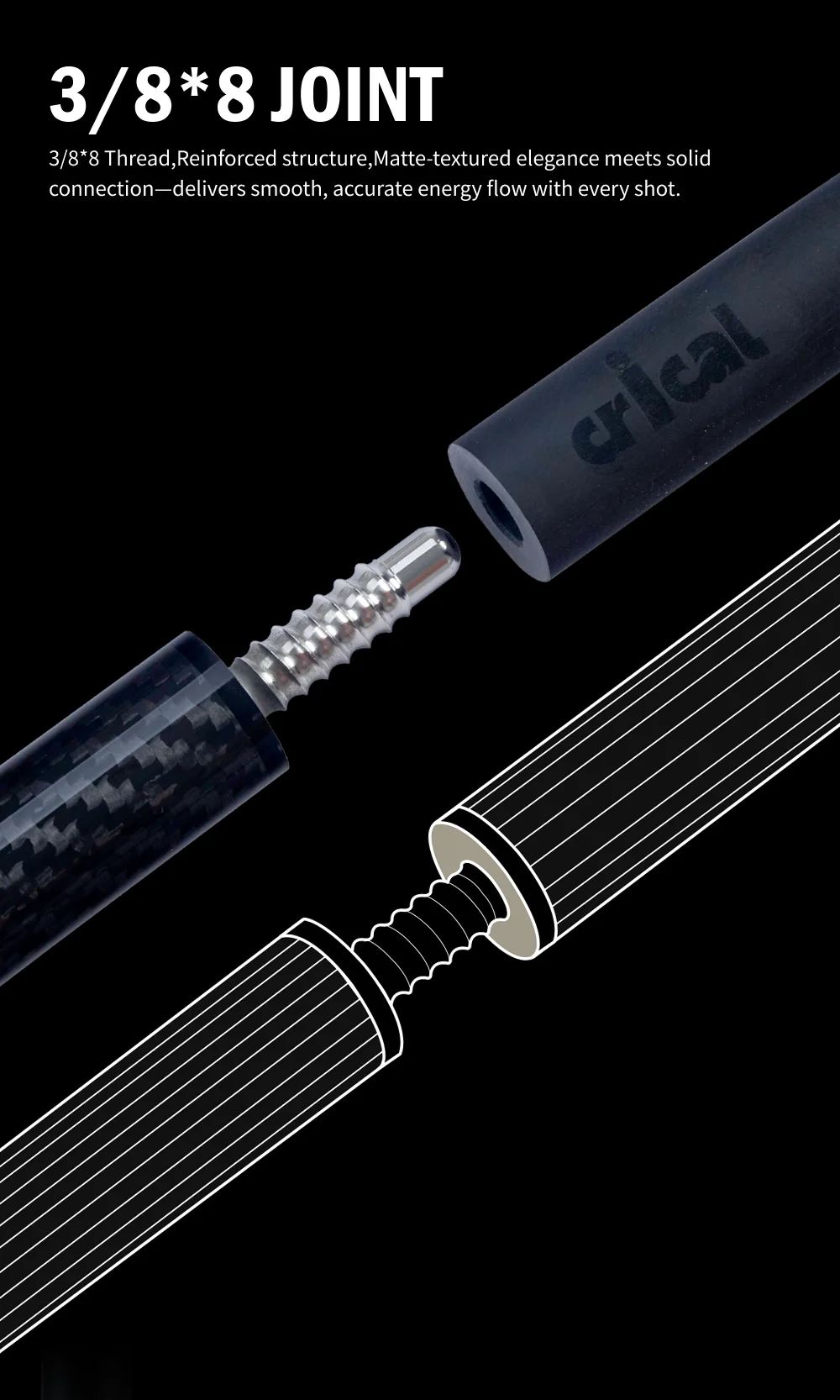Billardqueue mit Carbonfaser-Schaft, geringer Ablenkung, 58 Zoll, 12,5 mm Spitze, 3/8x8 Verbindung, verstellbares Gewicht, 8/9 Ball, CRICAL – Detail 8
