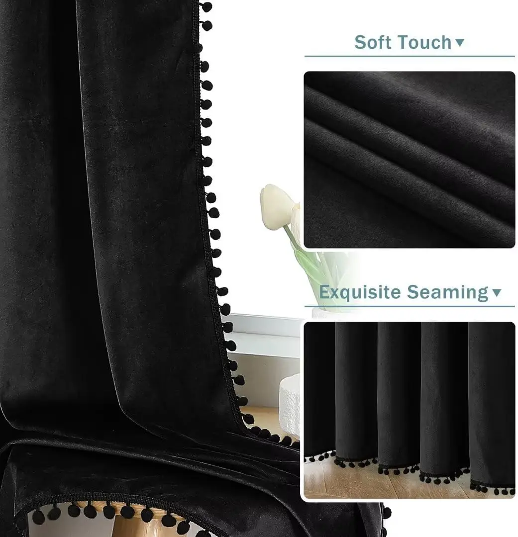 Black Blackout Pom Pom Velvet Curtains for Bedroom Living Room Darkening Window Drapes Thermal Insulated