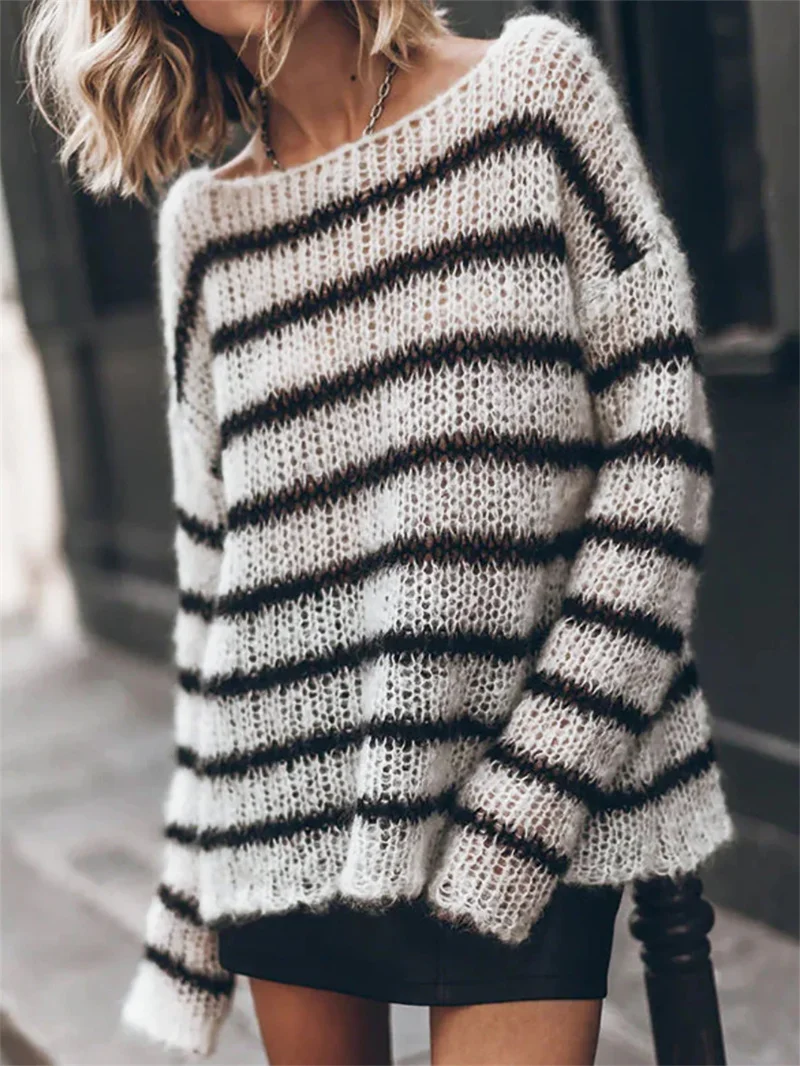 Autumn Winter Sexy Backless Striped Sweater, Fashion Women Pullover Knitted Top,  Female Jacket Long Sleeve Loose Casual Sweater