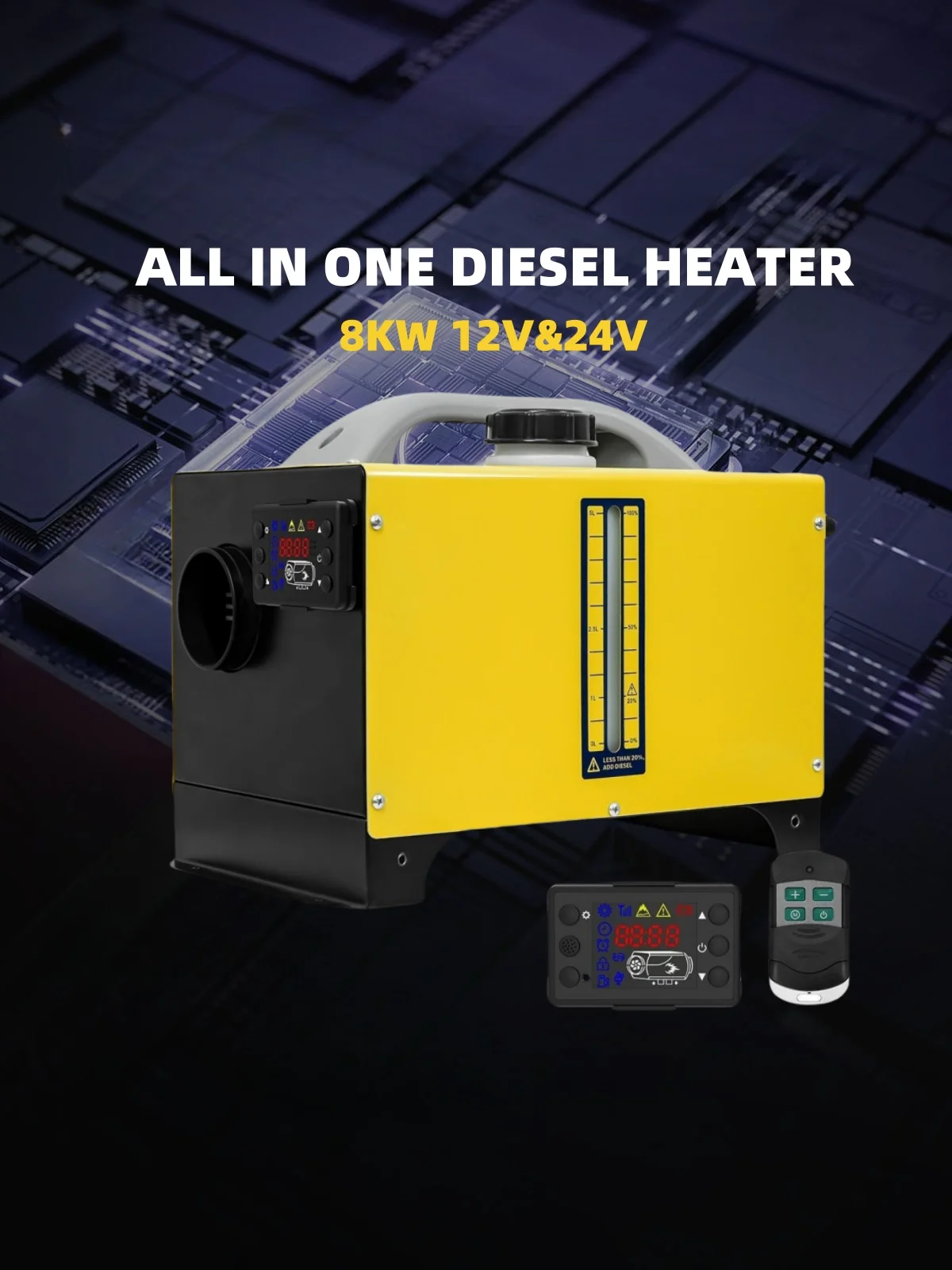 8KW Diesel-Luftheizung 12V 24V 220V, LCD-Panel & Fernbedienung All-in-One Standheizung mit Netzteil für Auto, Wohnmobil, Garage