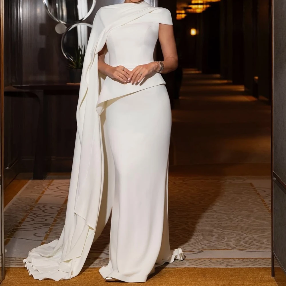 

Customized White A-line Evening Dresses High-neck Fashion Stole Prom Gown Floor-length Sleeveless Simple Draped Party Gown
