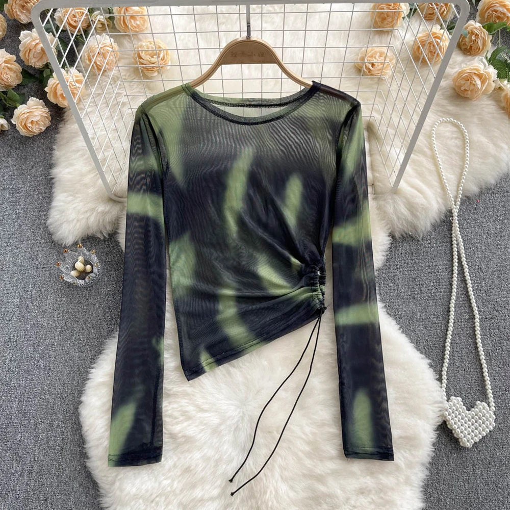 Women Mesh Tie Dye Long Sleeve T Shirt Bodycone Sheer O Neck Tops Female Shirring Tees Y2k Tops Crop Top Summer