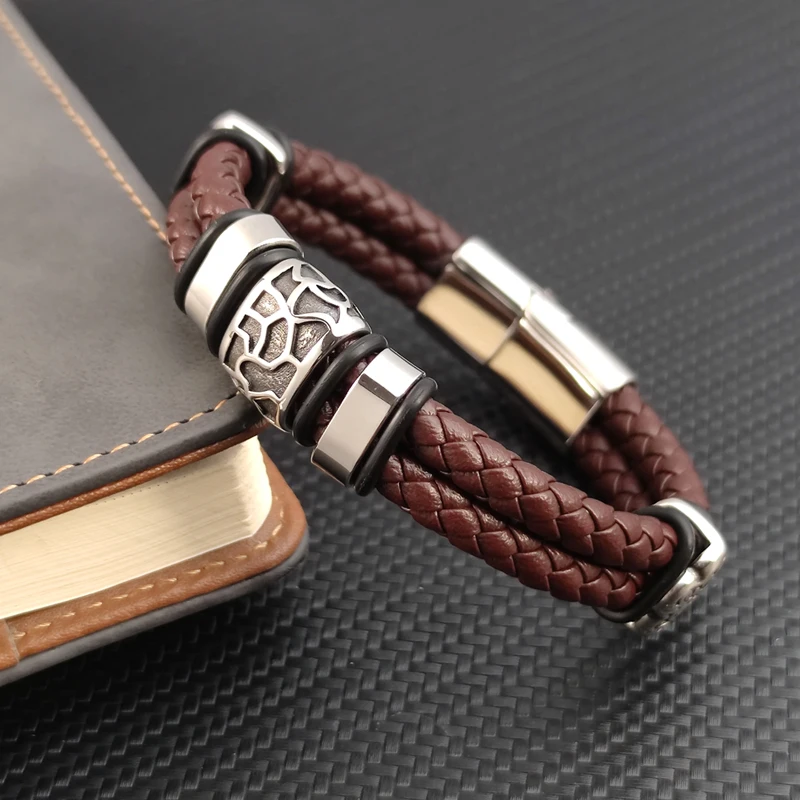 Brown Luxury 316L Stainless Steel Irregularly Cracked Man Bracelet Genuine Braided Leather Men's Jewelry Free Shipping Items