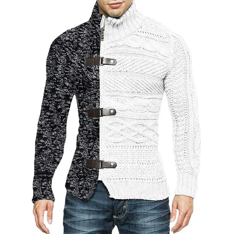 

Autumn Winter Mens Sweatercoat Patchwork Turtleneck Cardigan Man Casual Knitted Slim Fit Long Sleeve Fashion Sweater Outerwear