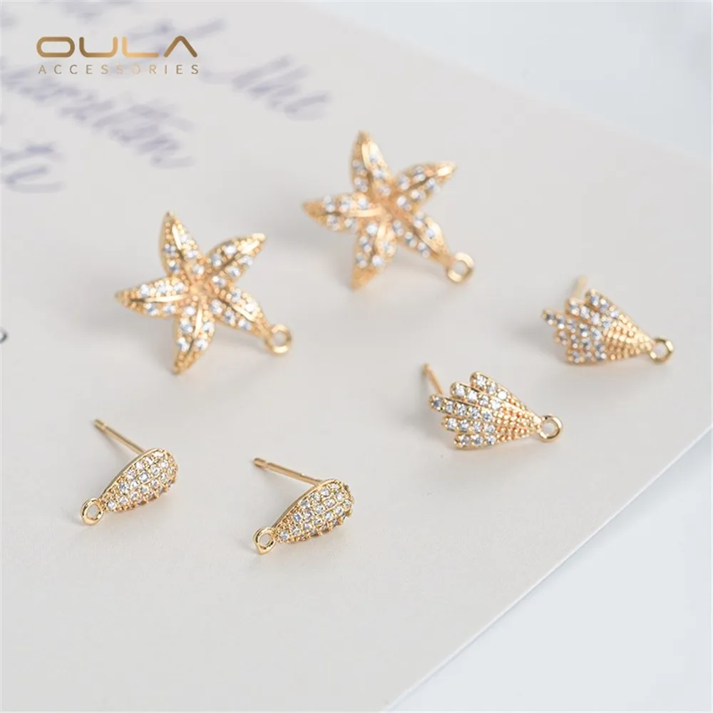 

1pair Diy Silver Needle Earrings Material 14K Gold-plated Stud Earrings Set Zirconium Teardrop-shaped Feather Starfish Pendant