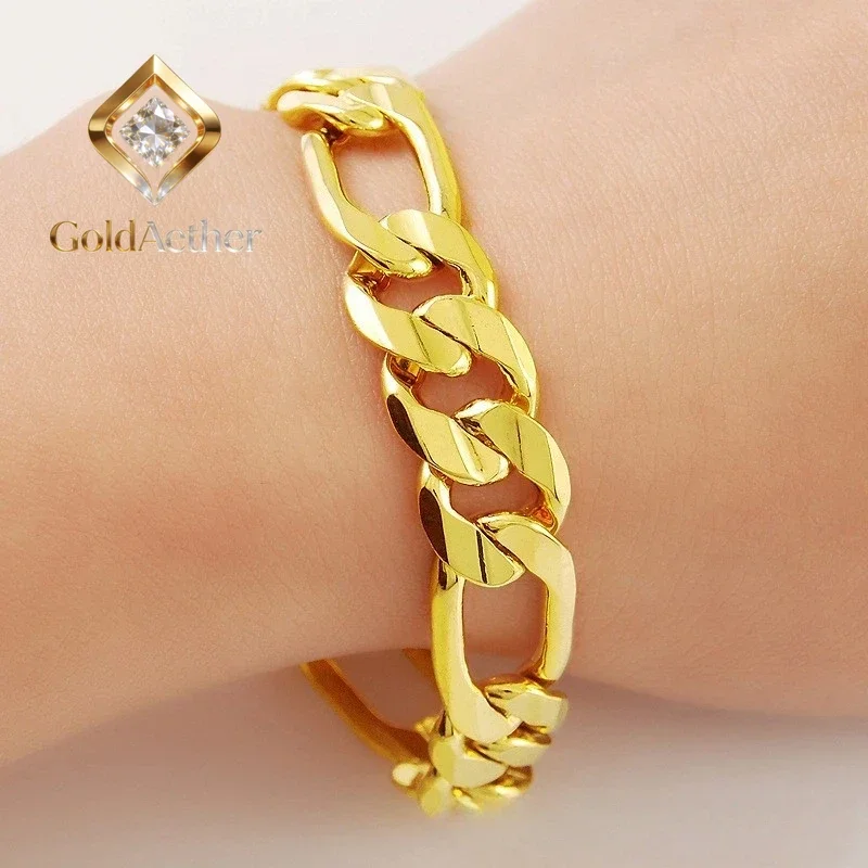 GoldAether  Luxury 24K 9999 Pure Gold real gold 6MM 8MM 10MM side three to one fashion domineering men's gold bracelet