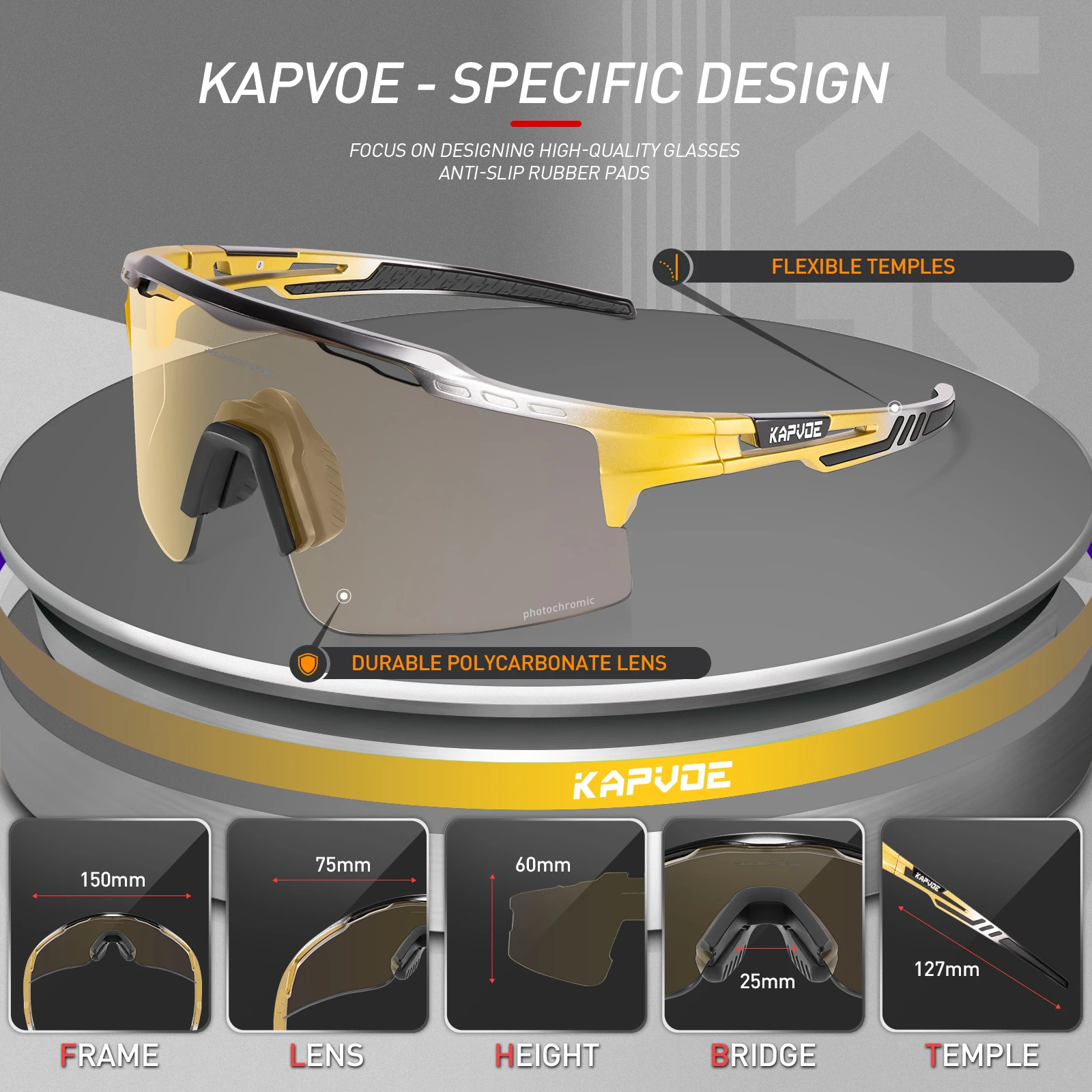 Kapvoe-RED Photochromic Gold Cycling Glasses Sport Men\'s Sunglasses for Men Bike Bicycle Woman Outdoor UV400 Bike Goggles