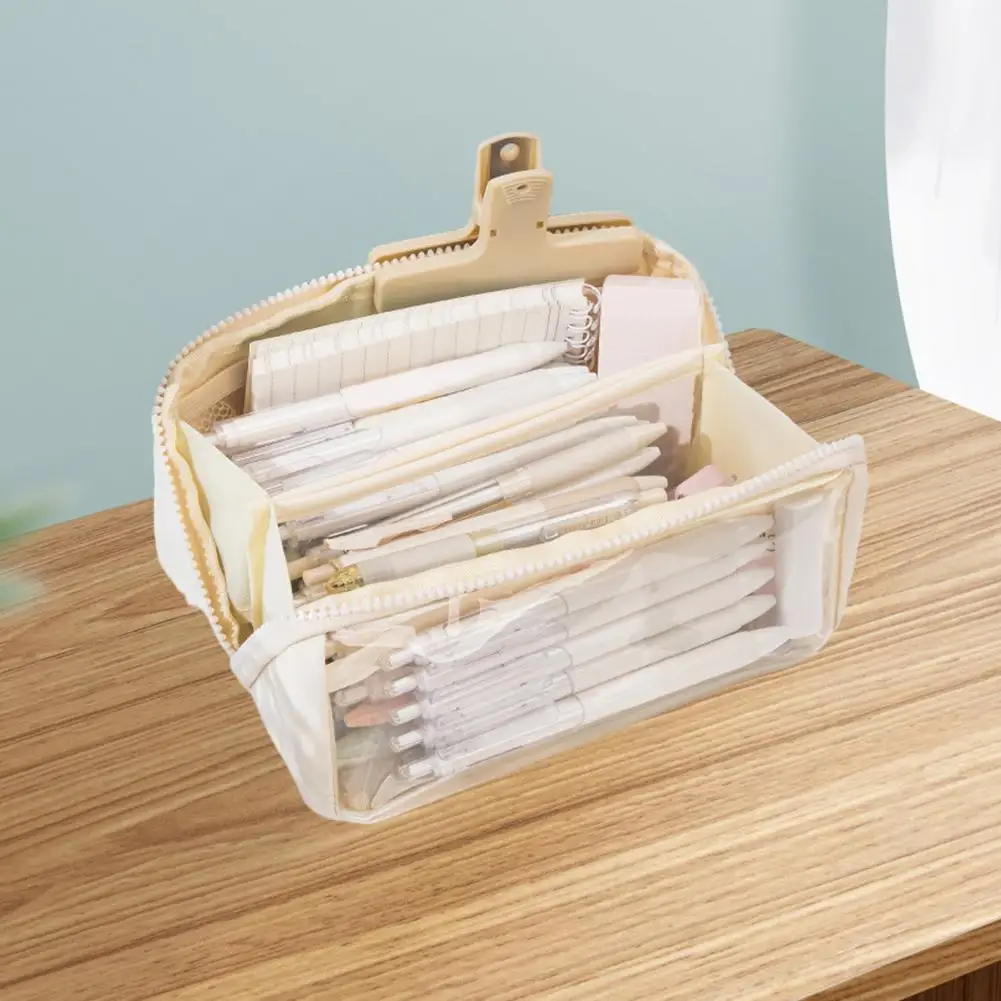 حافظة أقلام شفافة ناعمة الملمس ، متينة متعددة الاستخدامات ، 3 طبقات ، منظم قرطاسية السعة ، قلم اللوازم المدرسية