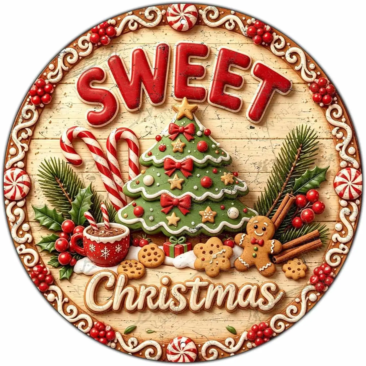 Warm Style Winter Circular Wooden Christmas Decor Nostalgic Timeless Retro Snow Scene Farmhouse Courtyard Welcome Sign Gift