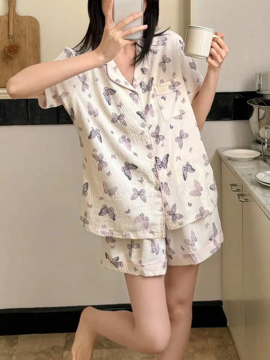 

Butterfly Print Women Button Up Short Sleeve Pajama Set With Shorts Spring Summer