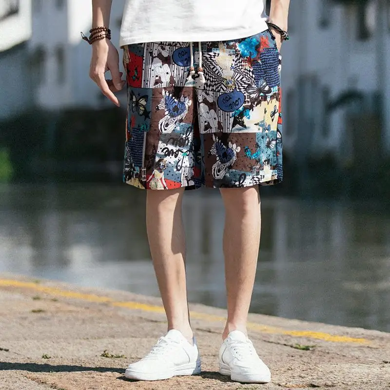 Cotton Linen Men\'s Shorts New in Pant Graphic Elastic Male Short Pants with Ice Drawstring Personalizate Printed Stylish Floral