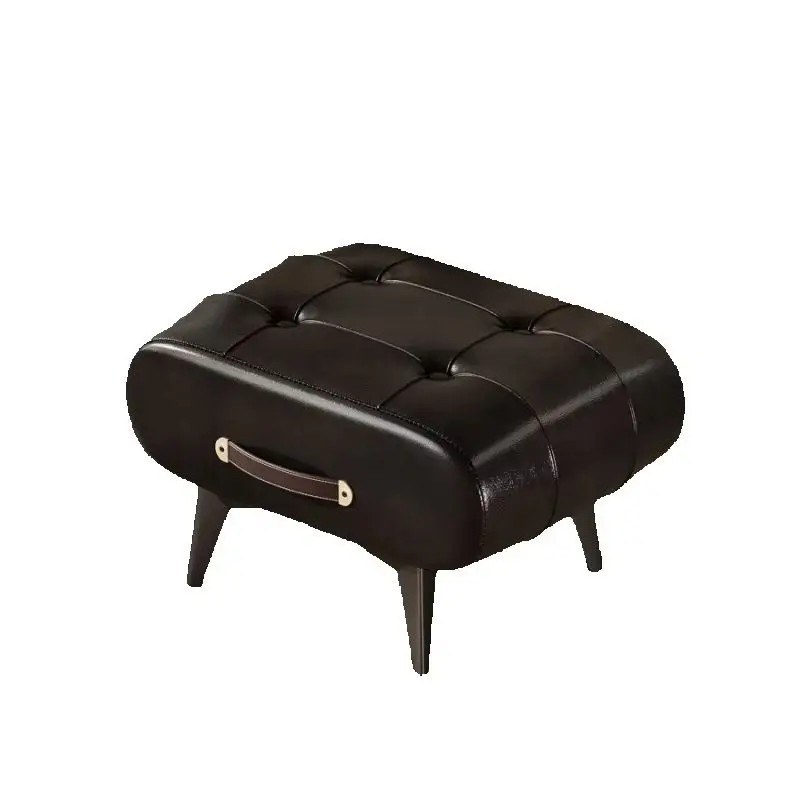 Vintage Tufted Leather Ottoman Stool with Handle, Footrest Shoe Changing Stool for Living Room Entryway
