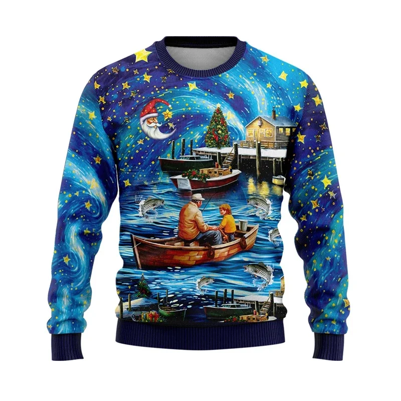 Fashion Boat Fishing Ugly Christmas Sweater For Men Trend Autumn Winter Holiday Xmas 3D Printed Pullover Casual Loose Sweatshirt