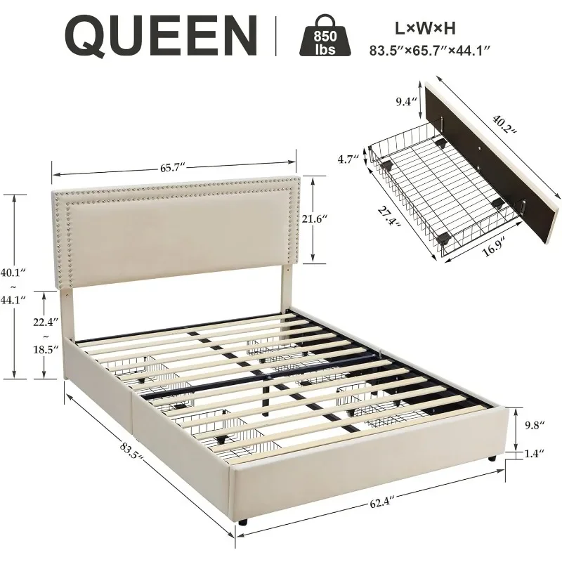 Queen Size Upholstered Platform Bed Frame with 4 Storage Drawers, Adjustable Velvet Rivets Headboard, Wooden Slats Support