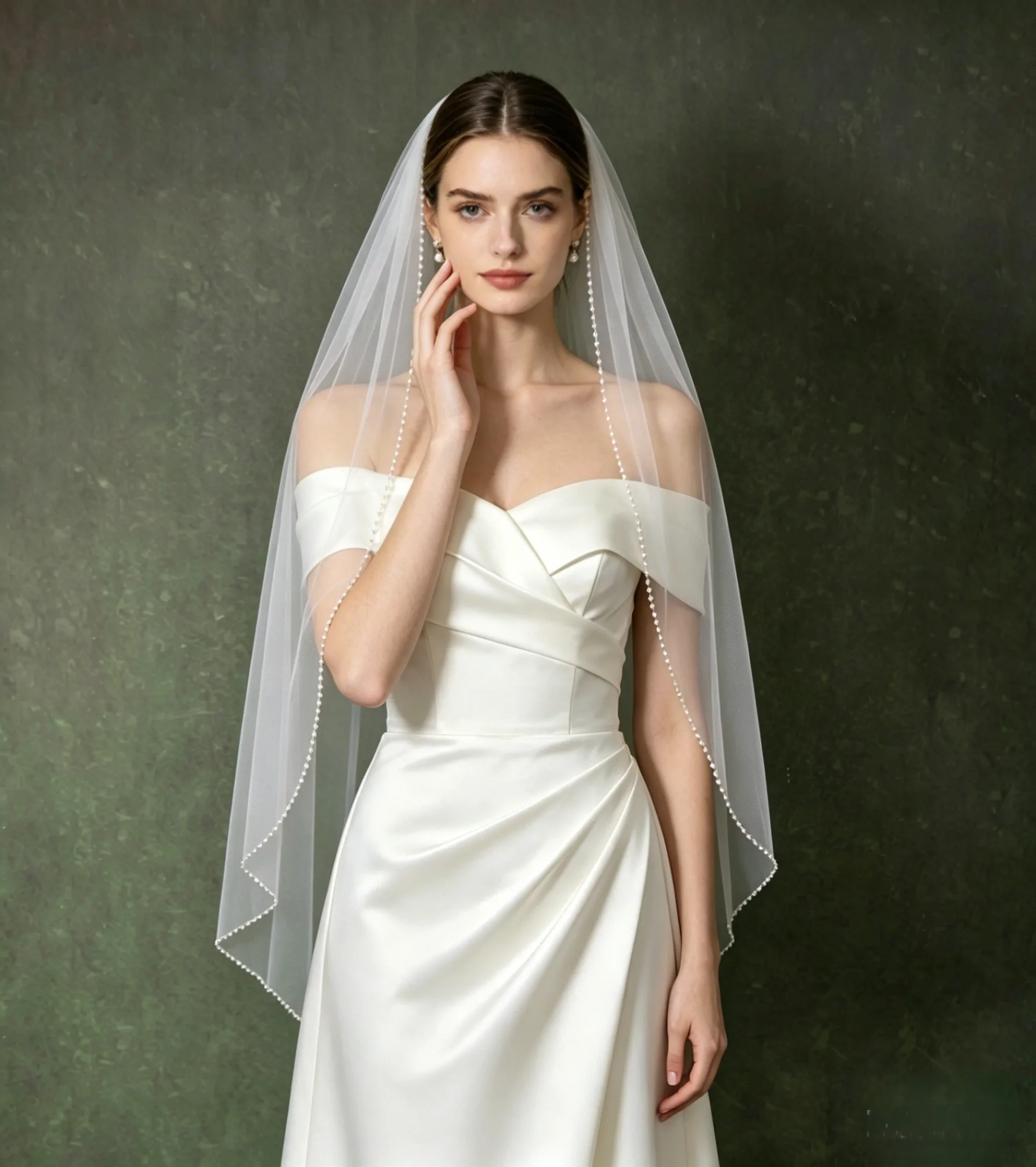 Fingertip Wedding Veil with Pearl Crystal Bridal Tulle Veil Edge Embellished Elegant Pearl Crystal Trim Veil for Bride G140