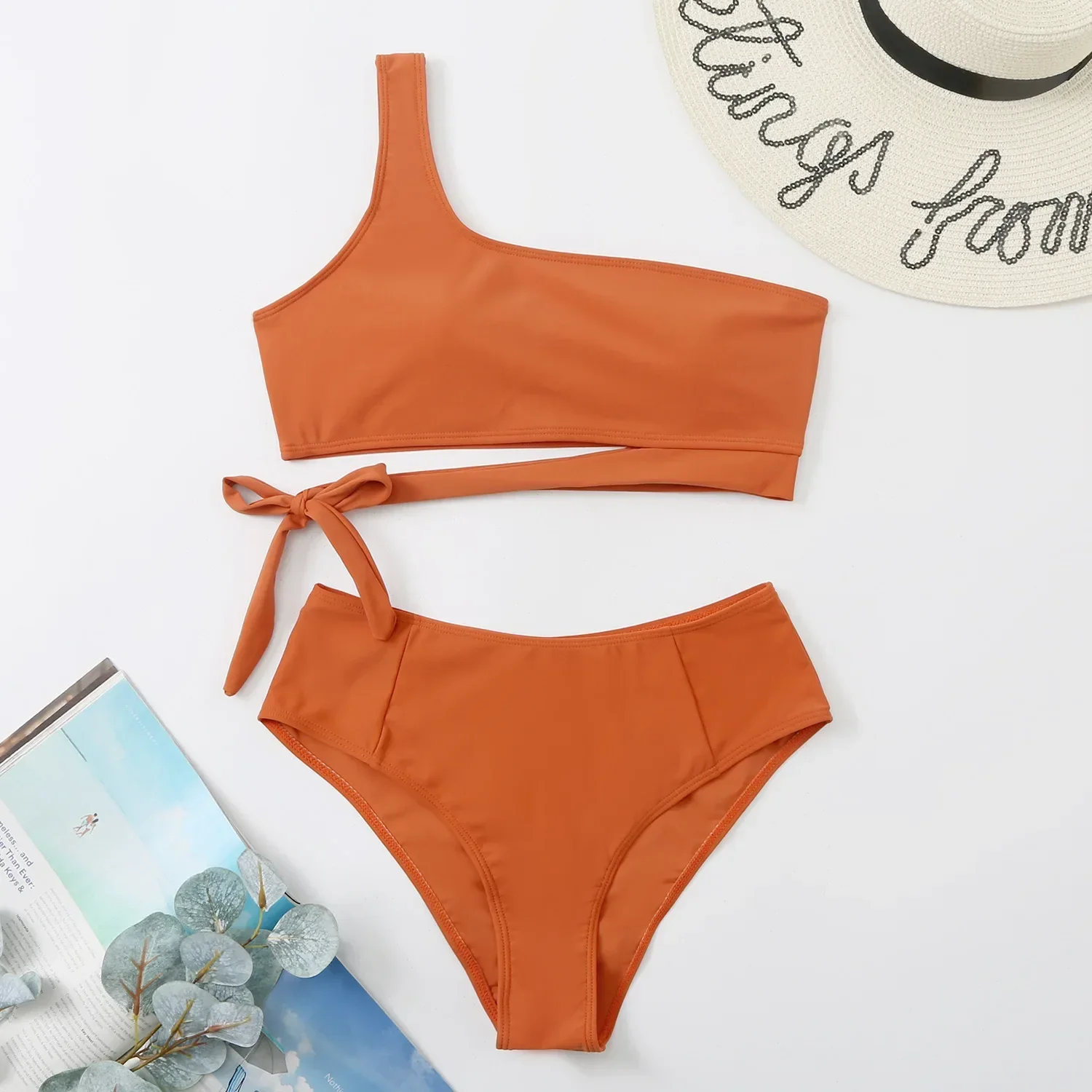 Conjunto de Bikini de leopardo para mujer, traje de baño de dos piezas de cintura alta, Tankini Sexy de un solo hombro, traje de baño sin espalda 2024