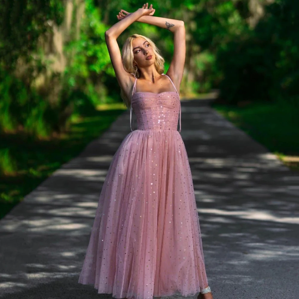 

A Line Starry Pink Prom Dress Sweetheart Pleats Glitter Tulle Prom Gown Adjustable Spaghetti Straps Party Dress With Bones