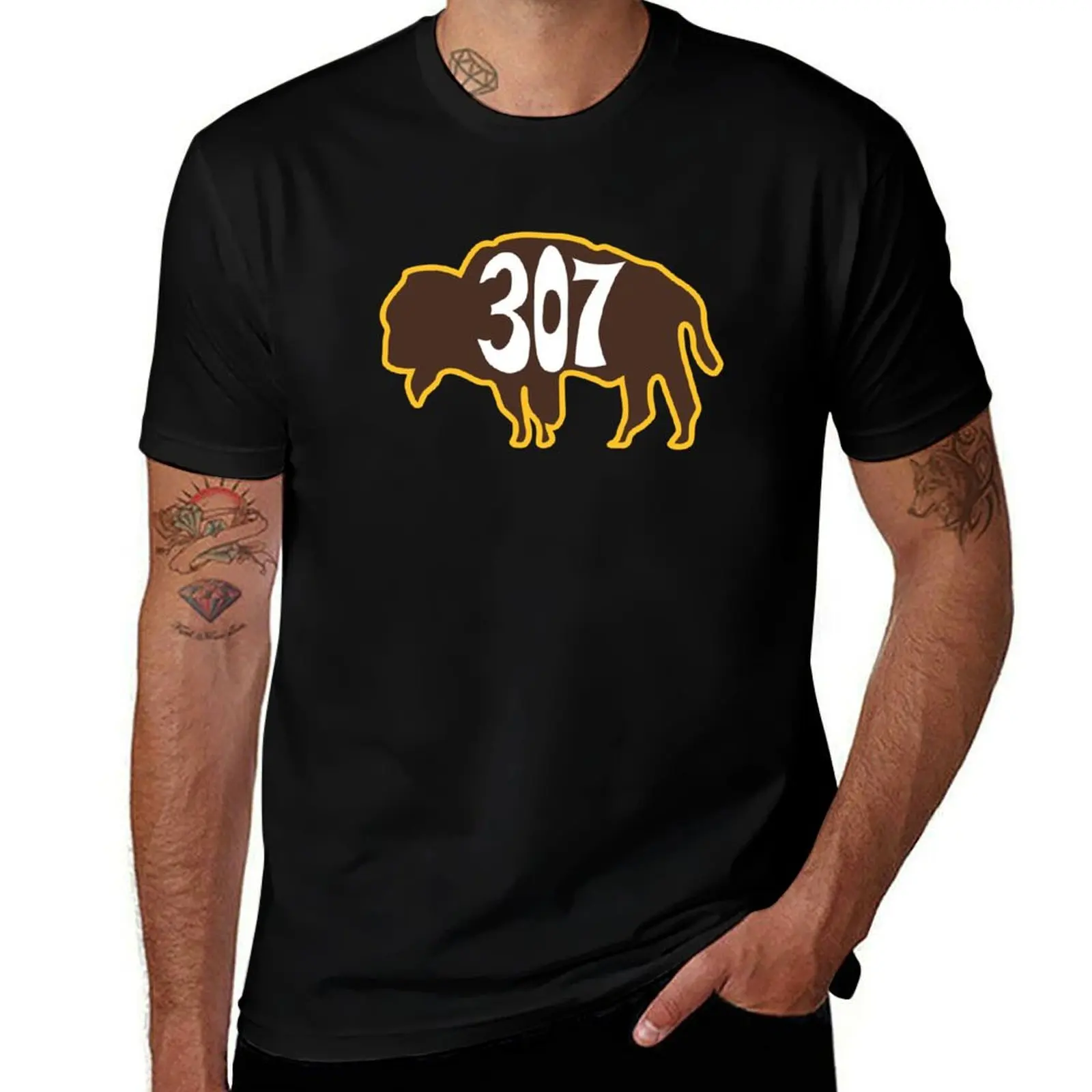 Hand Drawn Wyoming Buffalo 307 Brown Gold T-Shirt Daily Wear Plain Short Sleeve Shirt T-Shirt