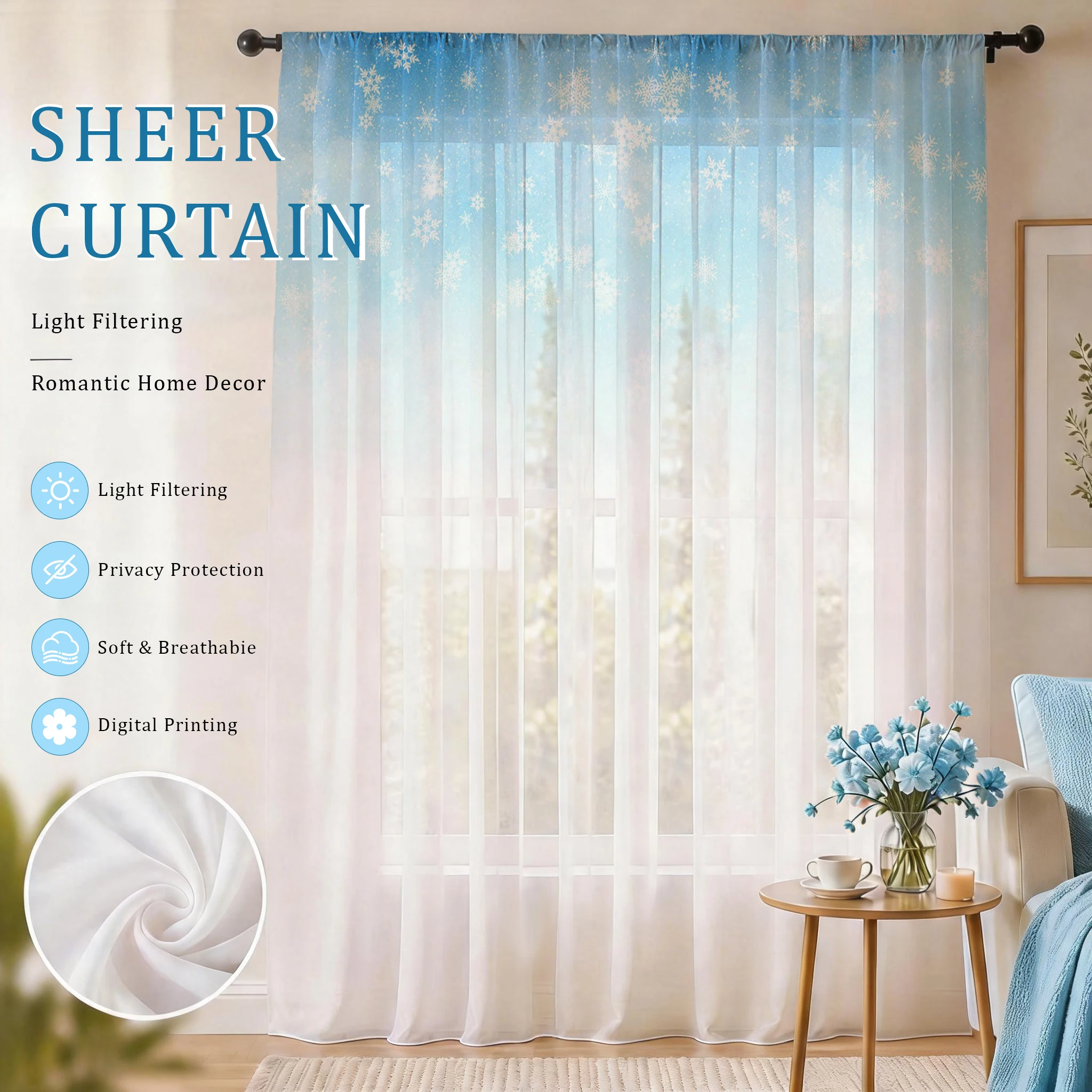 Blue Snowflake Rod Pocket Shee - Curtain Sheer Voile review and price