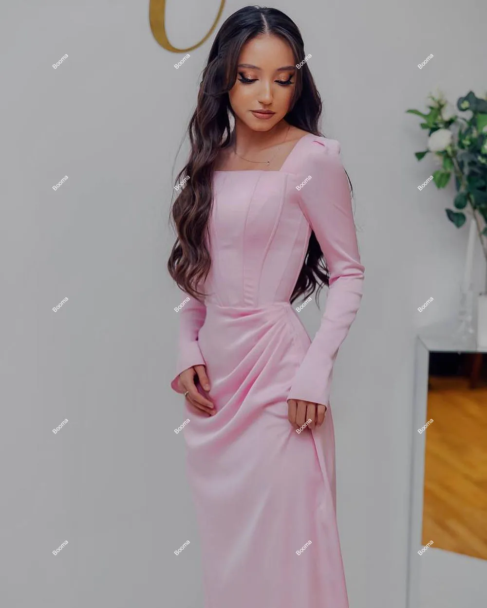 Booma Pink Elegant Mermaid Evening Dresses Long Sleeves Pleated Prom Gowns for Women Long Formal Occasion Dresses Customized