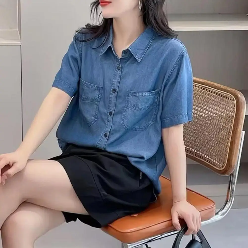 Women Denim Shirt with Multiple Pockets Stylish Women's Denim Shirt with Lapel Collar Short Sleeves Multiple for A for Women