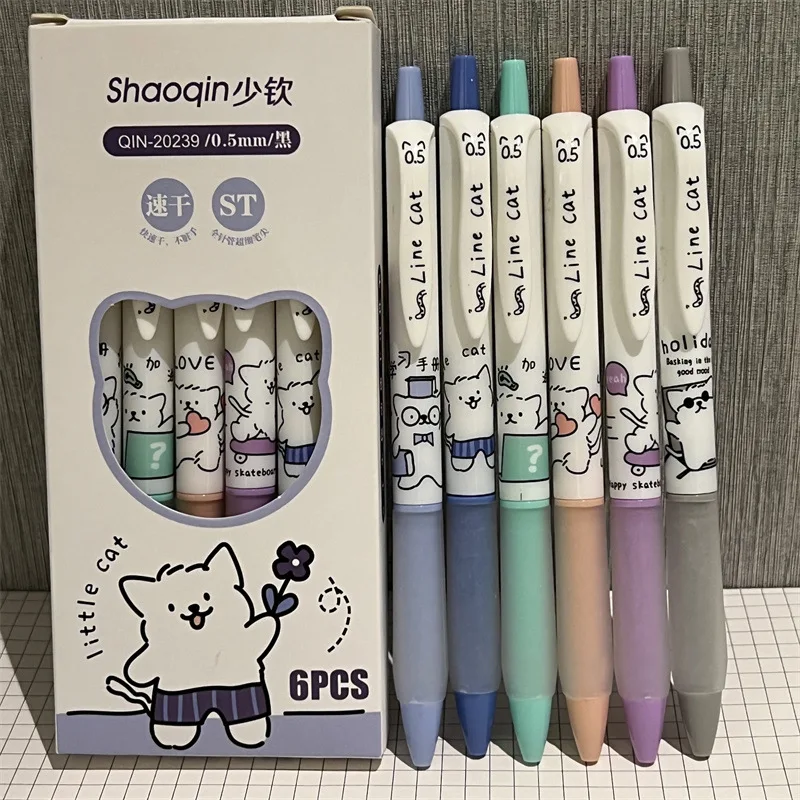 6pcs Cute Pens Black Ink Pen Set Kawaii Kitten Quick-Drying Gel Pen Office Accessories Stationery Supplies Aesthetic Stationery