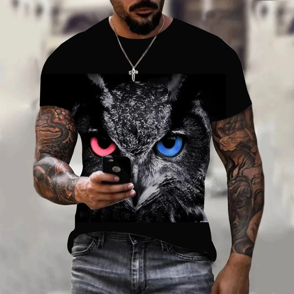 Summer Fashion New Men's T-shirt Men's 3D Round Neck Animal Owl Pattern Printed Fashion Casual Quick Drying Large Short sleeved