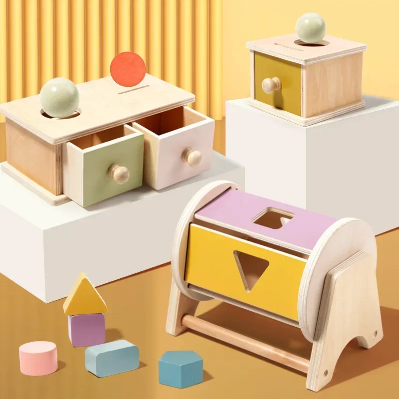 Montessori Infant Wooden Color Spinning Coin Box Macaron Design round & Rectangular Permanent Baby Educational Toys