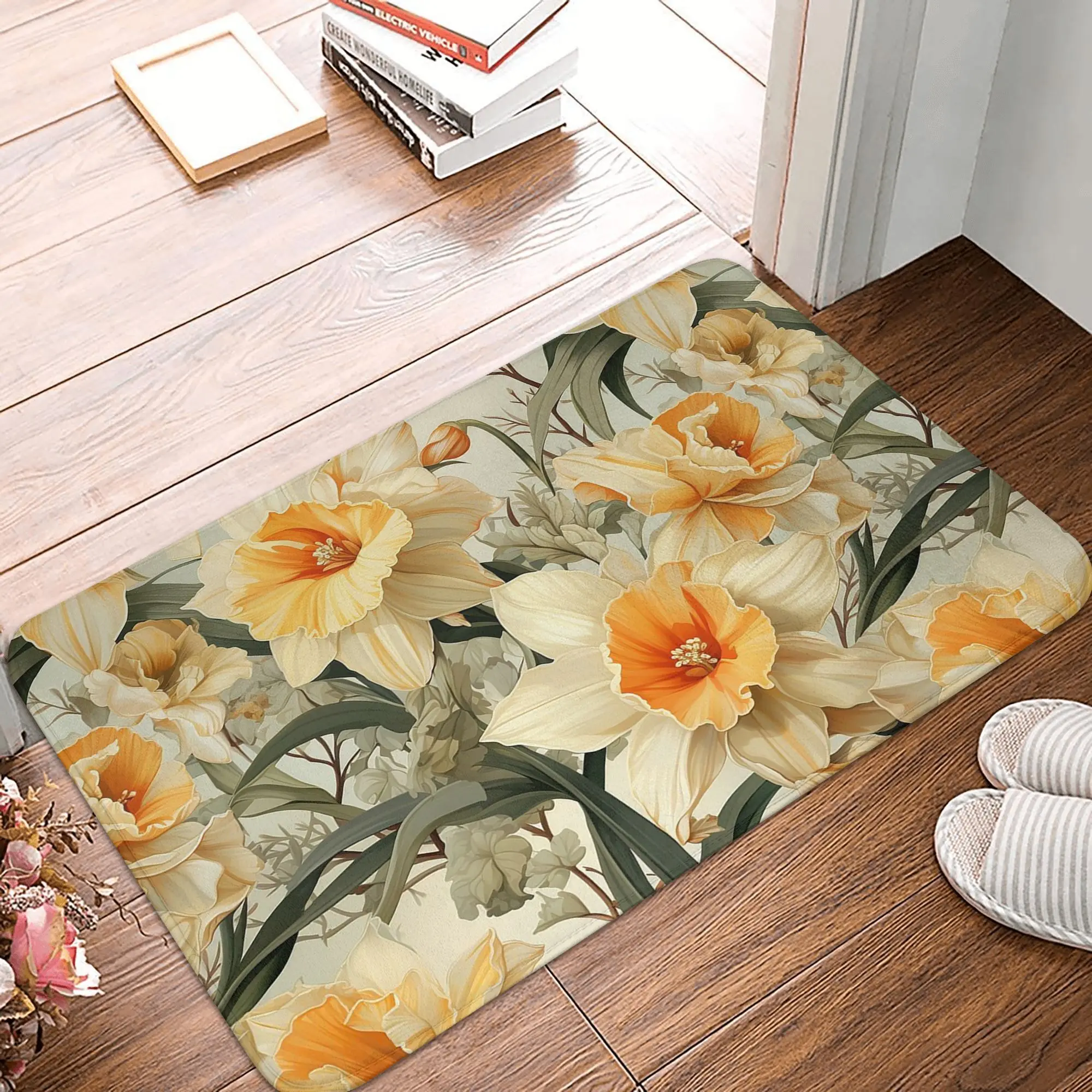 Vintage Floral, Sweet Orange Daffodil Non-slip Doormat Floor Mat  Carpet Rug for Kitchen Entrance Home Bathroom Footpad Mats