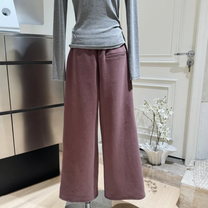Pantalones de pierna ancha gruesos y cálidos con forro polar para mujer, ropa de calle informal, pantalones largos sueltos de Color sólido, Otoño e Invierno
