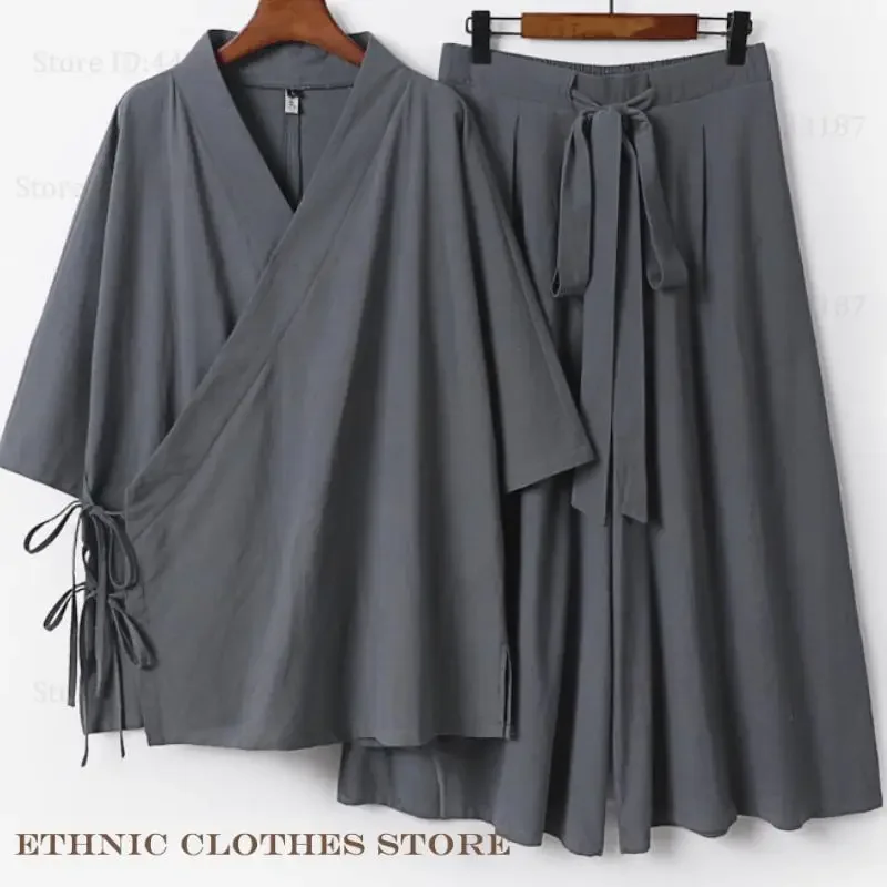 التقليدية اليابانية الساموراي زي كبير الحجم 3XL-9XL الذكور كيمونو سترة السراويل 2 قطعة مجموعة يوكاتا هاوري القطن الكتان أبلى #2