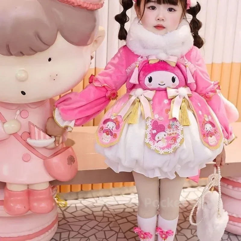 Sanrio Girls Lolita Autumn and Winter Dress Cartoon Three-dimensional Anime Embroidery Accessories Super Kawaii Birthday Dress