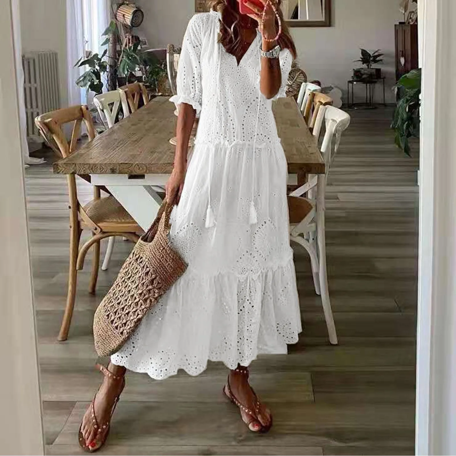 Vintage A-line Loose Embrioderied Floral Hollow Crochet Summer Cotton White Casual Loose Lace Up Boho Holiday Ruffles Women Dres