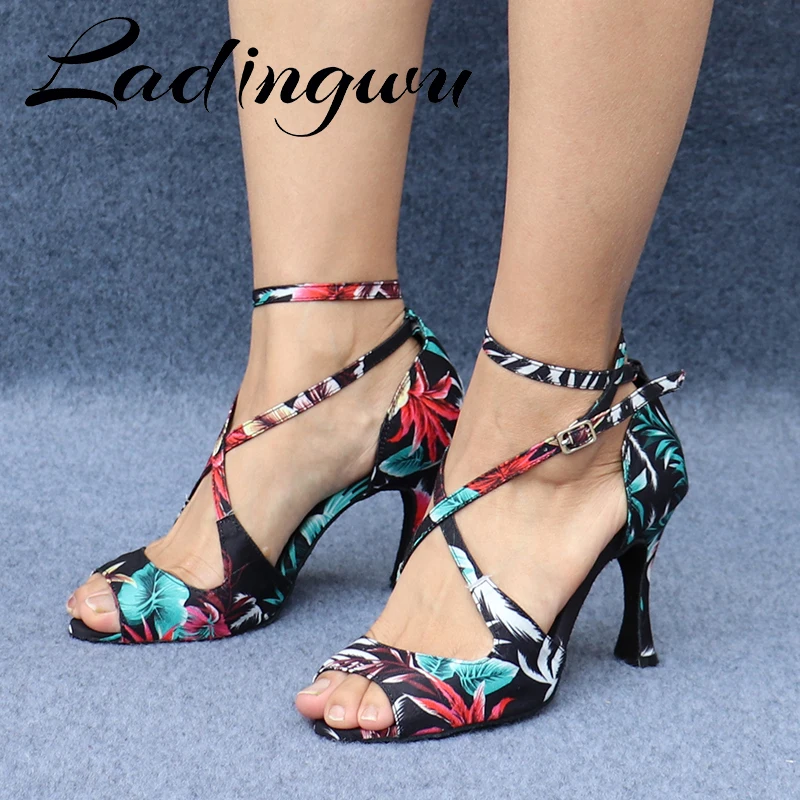 Ladingwu Salsa Jazz Ballroom Latin Dance Black Shoes For Dancing Social Strip High Heels Featured Graffiti Satin Sandals