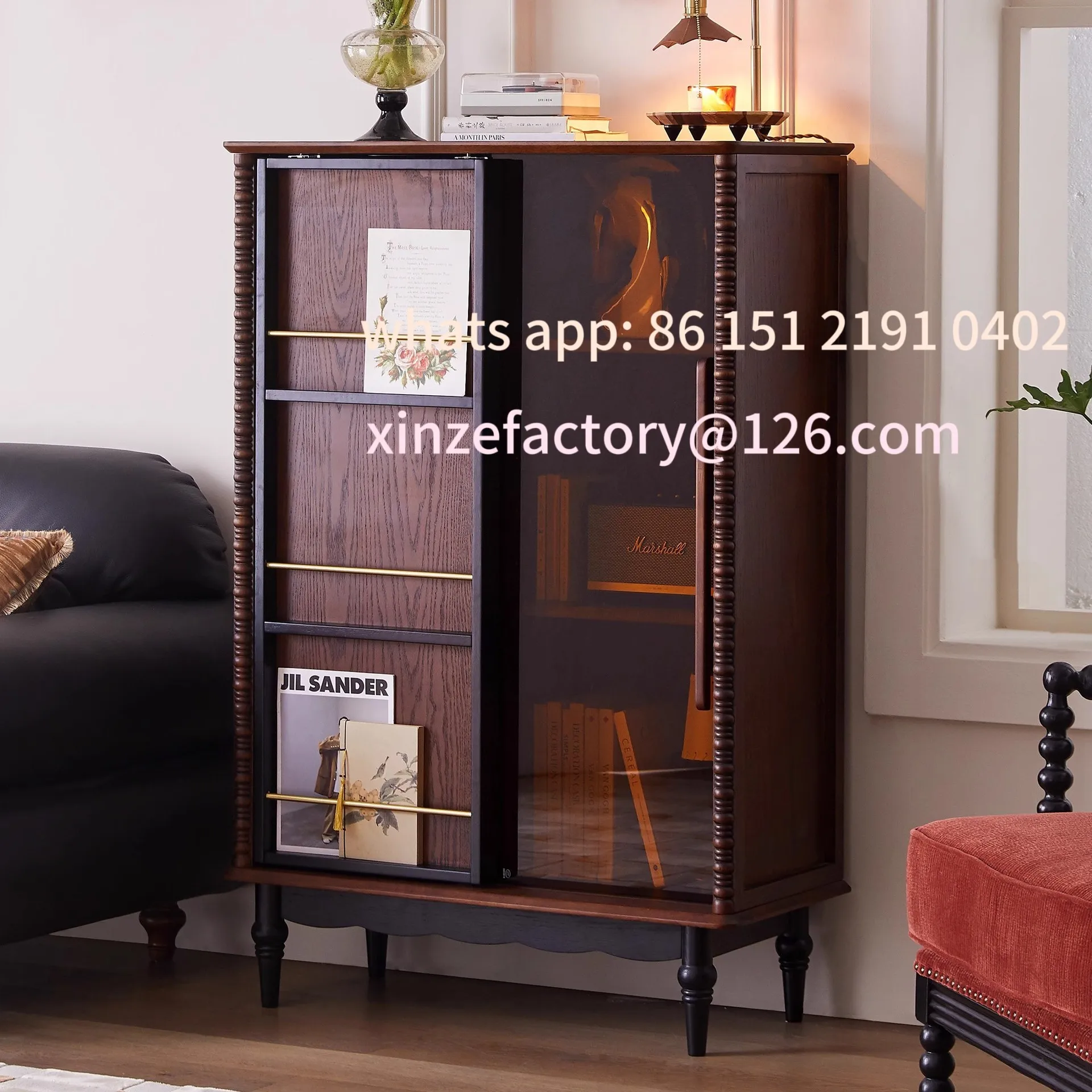 

Customizable French solid wood bookcase with glass door, living room against the wall display cabinet, wine cabine