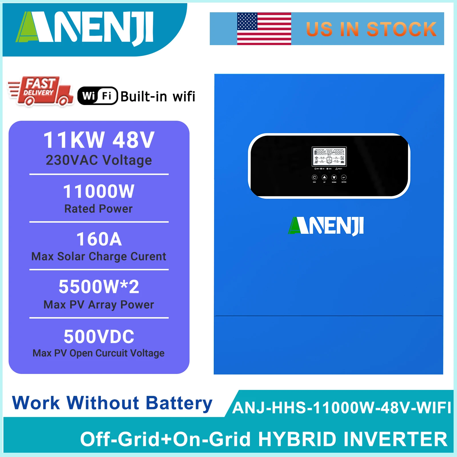 

Гибридный солнечный инвертор ANENJI 11 кВт 48 В 220 В с двойным выходом, чистая синусоида, MPPT контроллер заряда 160 А, встроенный Wi-Fi