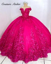 Princess Hot Pink Lace Appliques Quinceanera Dresses Off The Shoulder Beaded Ball Gown Princess Dress Corset bestidos Customized