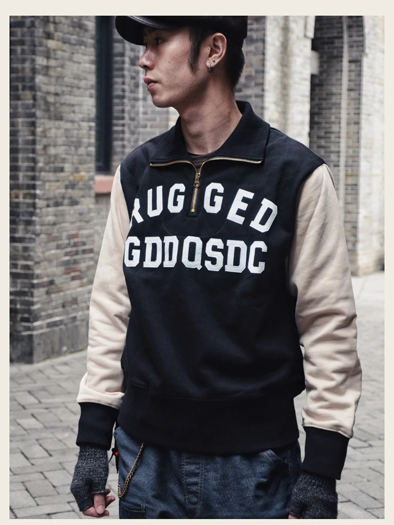 GDDQSDC heavyweight half-zipper sweatshirt American retro plus velvet pullover contrast color embroidery men and women