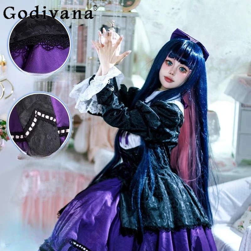 Lace Purple Lolita Dress for Women Panty with Garterbelt Stocking Cosplay Costume Dress Girls Striped Stockings Headwear Suit