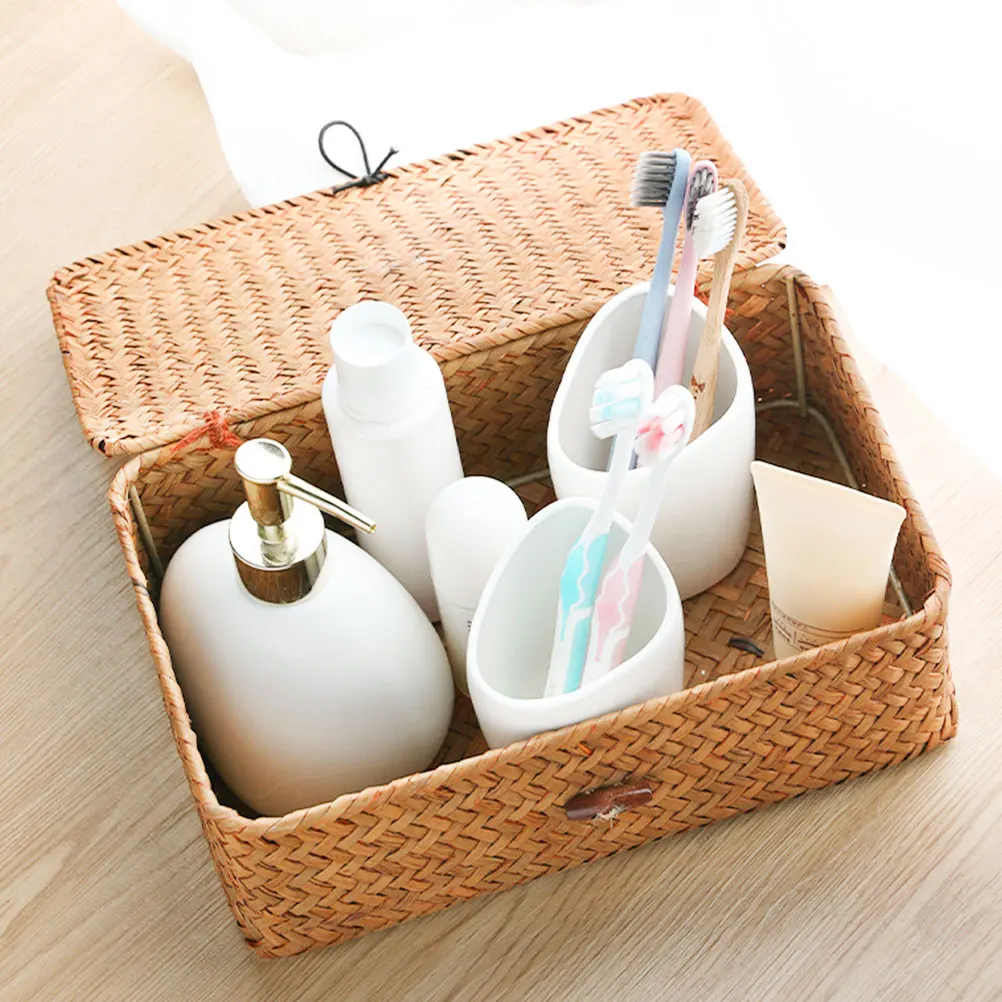 صندوق تخزين السيارة صناديق منسوجة منظم متنوع سلال مصنوعة يدويًا بغطاء مادة القش سلة المهملات تخزين سلة المهملات الداخلية للسيارة