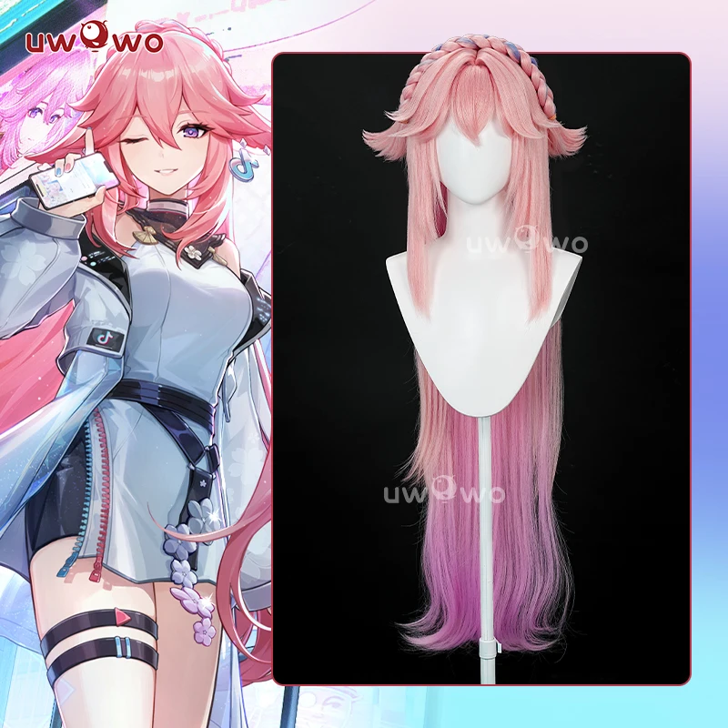 

UWOWO Yae Miko Cosplay Wig Genshin Impact Fanart Yae Miko Illustration Hair 100cm Pink Long Hair Halloween Cosplay Wig